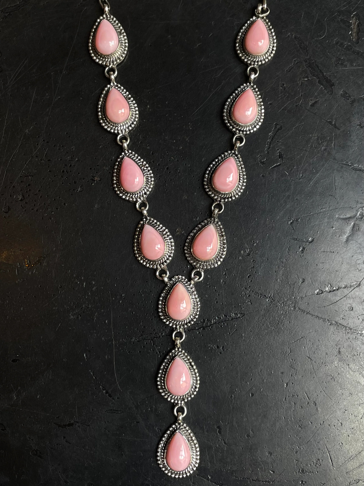 Pink Conch Lariat Necklace | Teardrop Station Drop | 925 Silver E559