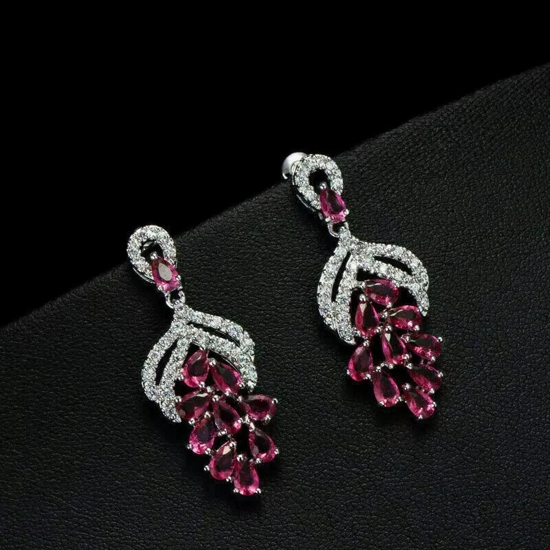 Lab Created 4Ct Pear Cut Pink Sapphire Drop/Dangle Earrings 14K White Gold Over