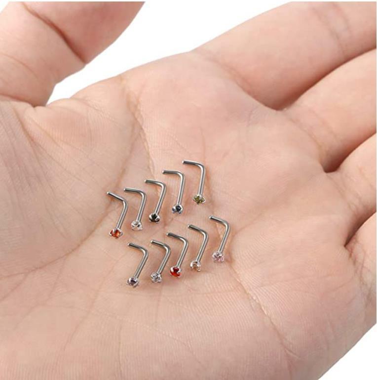 18G Surgical Steel Mix Color CZ L Shaped Nose Stud Rings Piercing Jewelry 10PCS