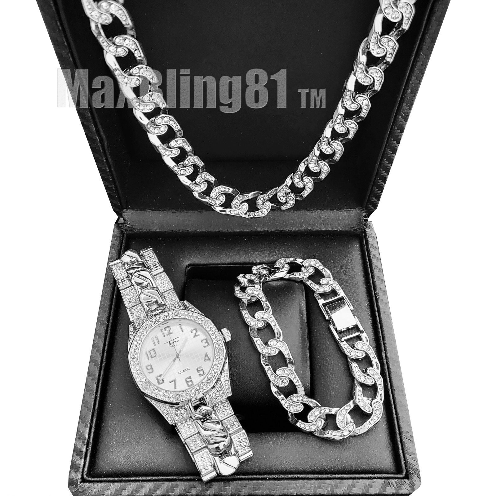 Hip Hop Iced Icy Silver Plated Metal Band WATCH & Cuban Bracelet & Necklace