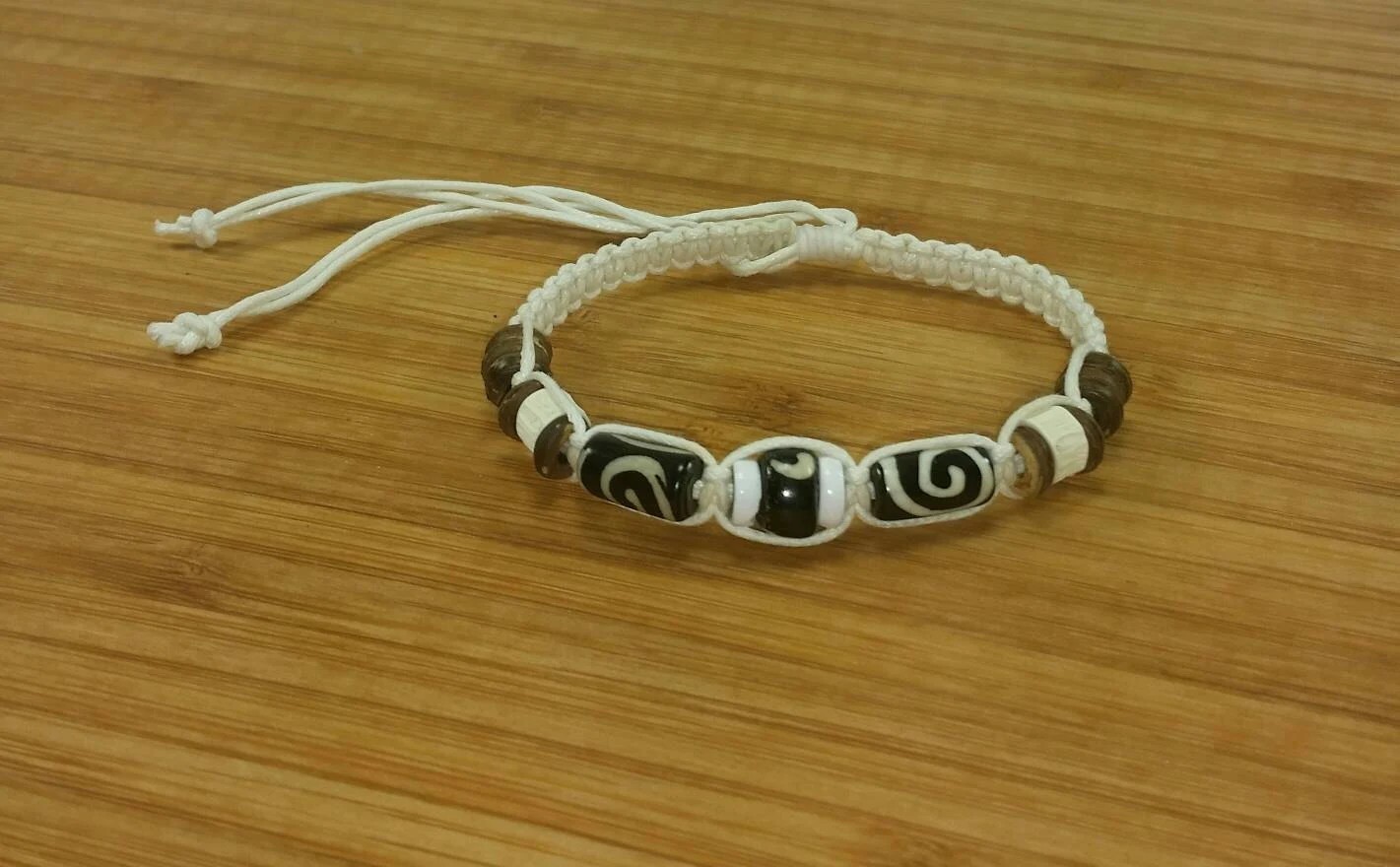 White Spiral Bracelet Adjustable Hemp Macrame Braided Cord Boho Unisex