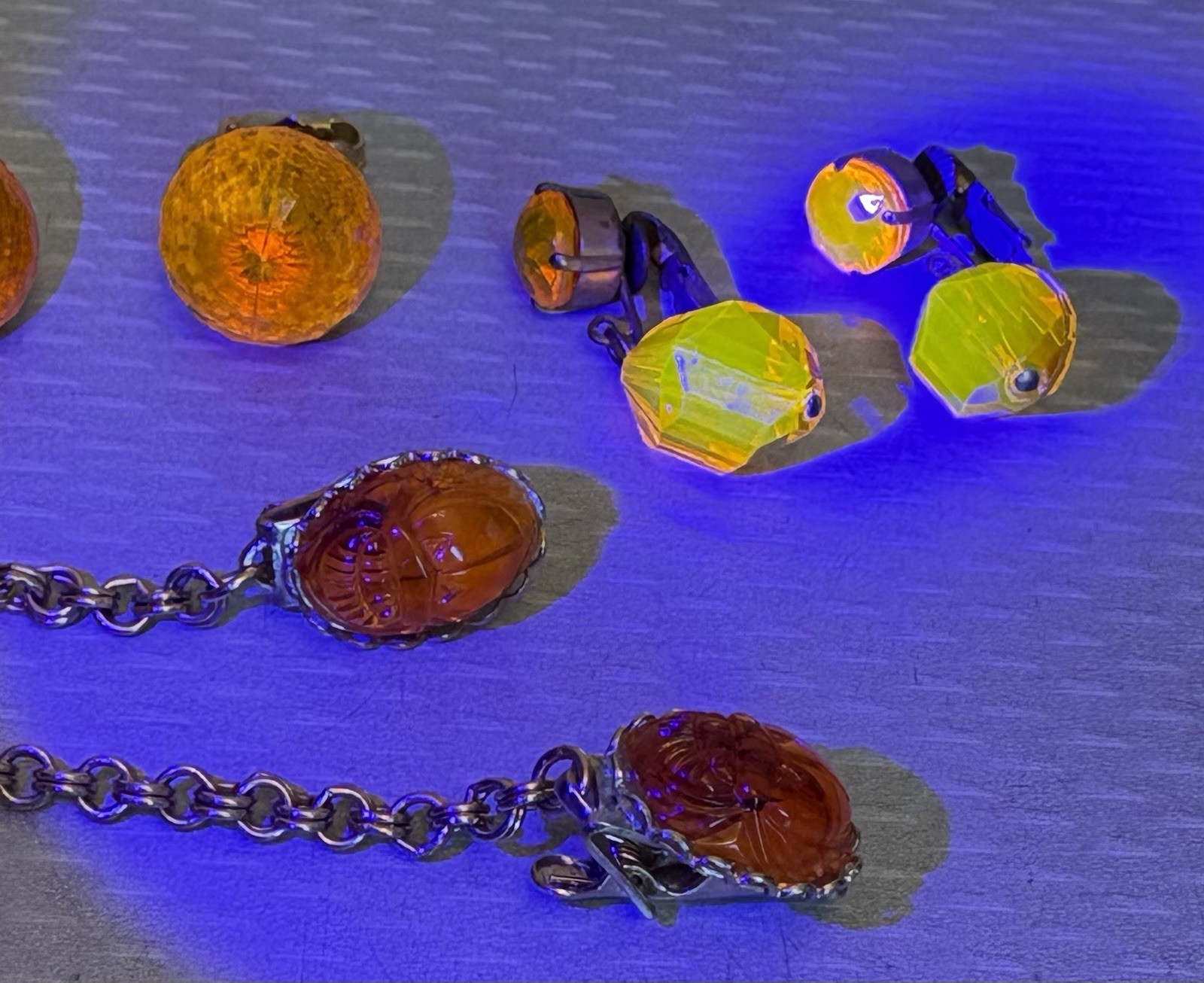 60s Mod Vintage UV GLOWS Neon Orange Clear Lucite Costume Jewelry Lot Clips 3P
