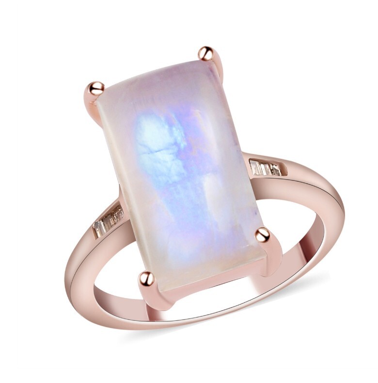 Moonstone And Diamond Ring Vermeil Rose Gold Sterling Silver S9 ( 5.85ctw)