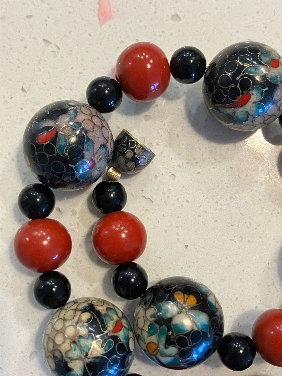 Vintage Huge Chinese Cinnabar Cloisonne Bead Necklace
