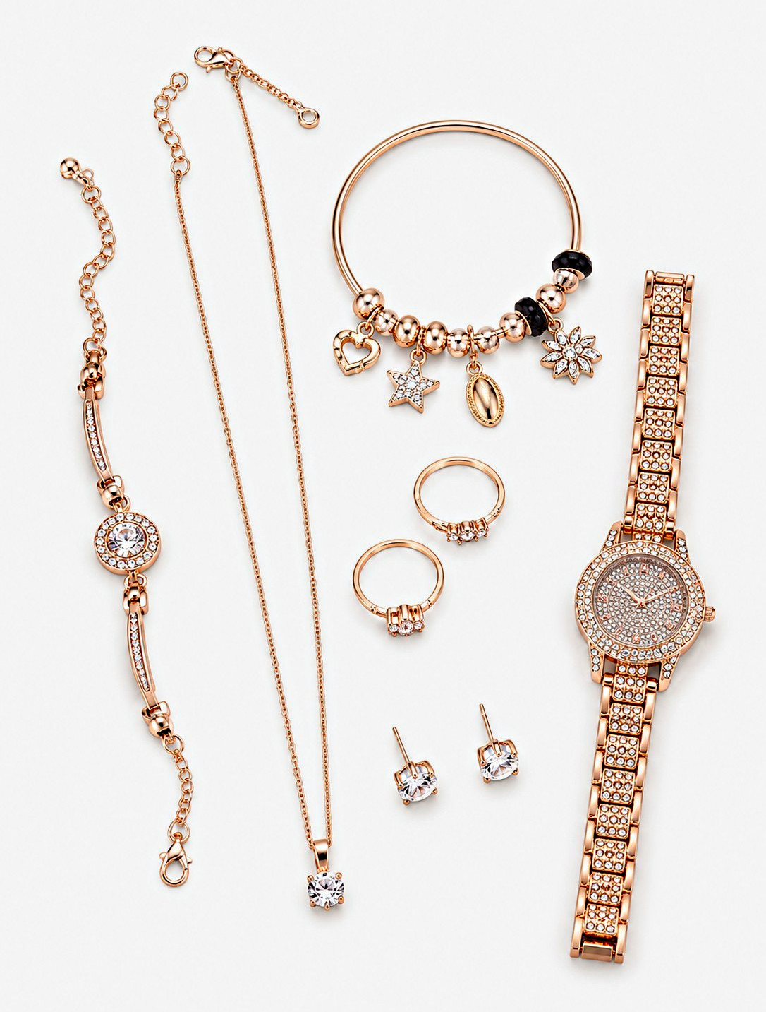 Rose Gold Plated Crystal Jewelry Set: Necklace, Earrings, Ring, Watch