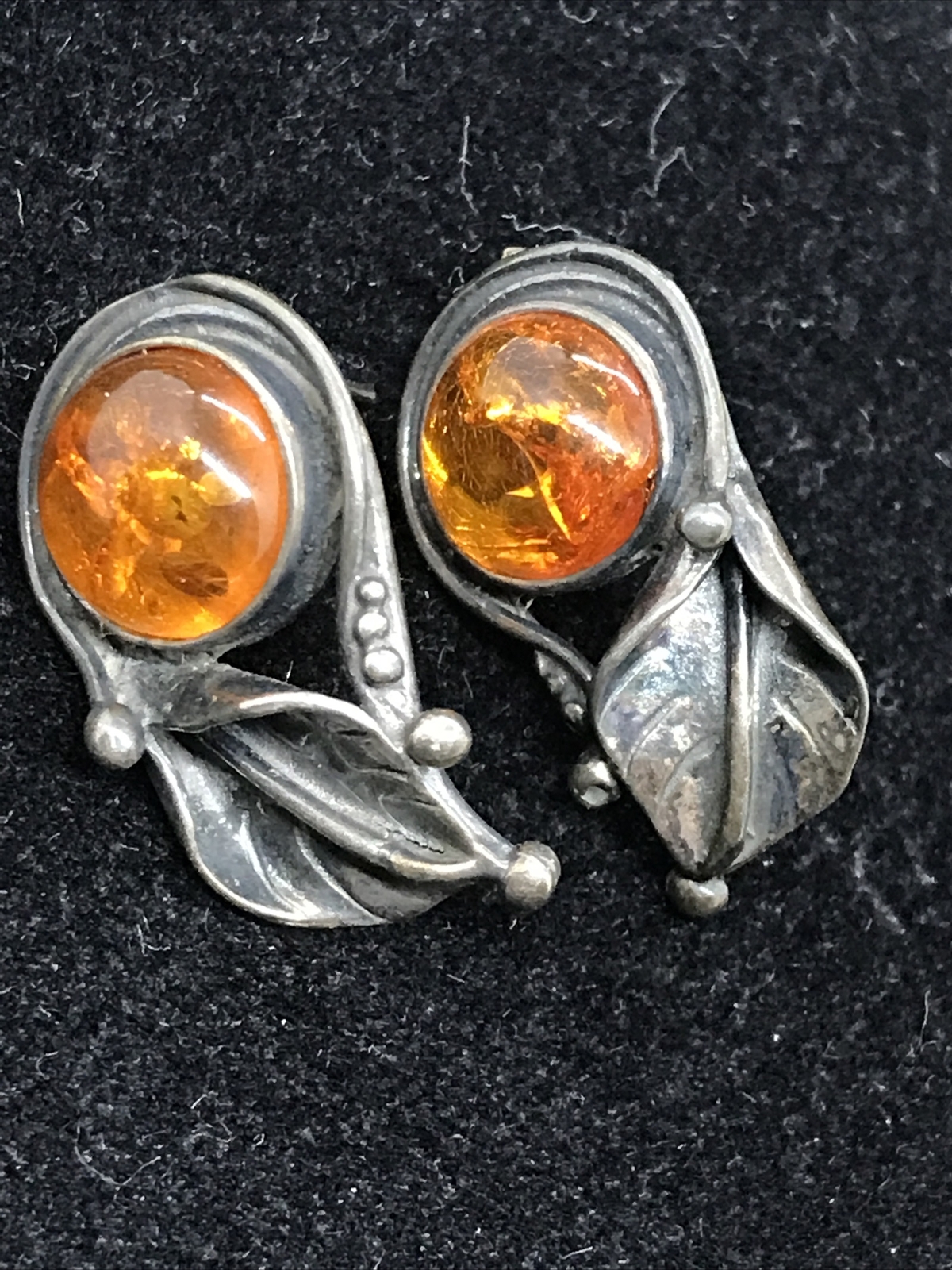 Vintage Sterling Silver 925 Amber Stones Pierced Lilly? Earrings Makers Marked