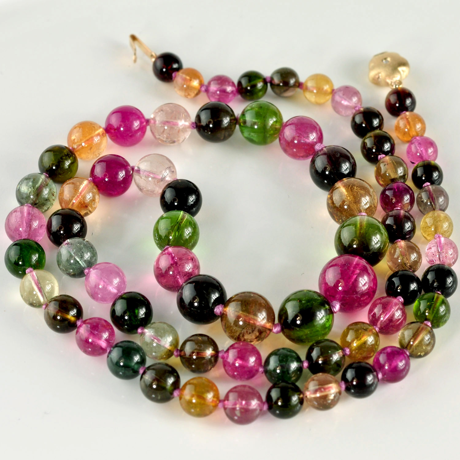 6.2mm-10.7mm Tourmaline Smooth Round Globe Bead Necklace 14K Diamond clasp
