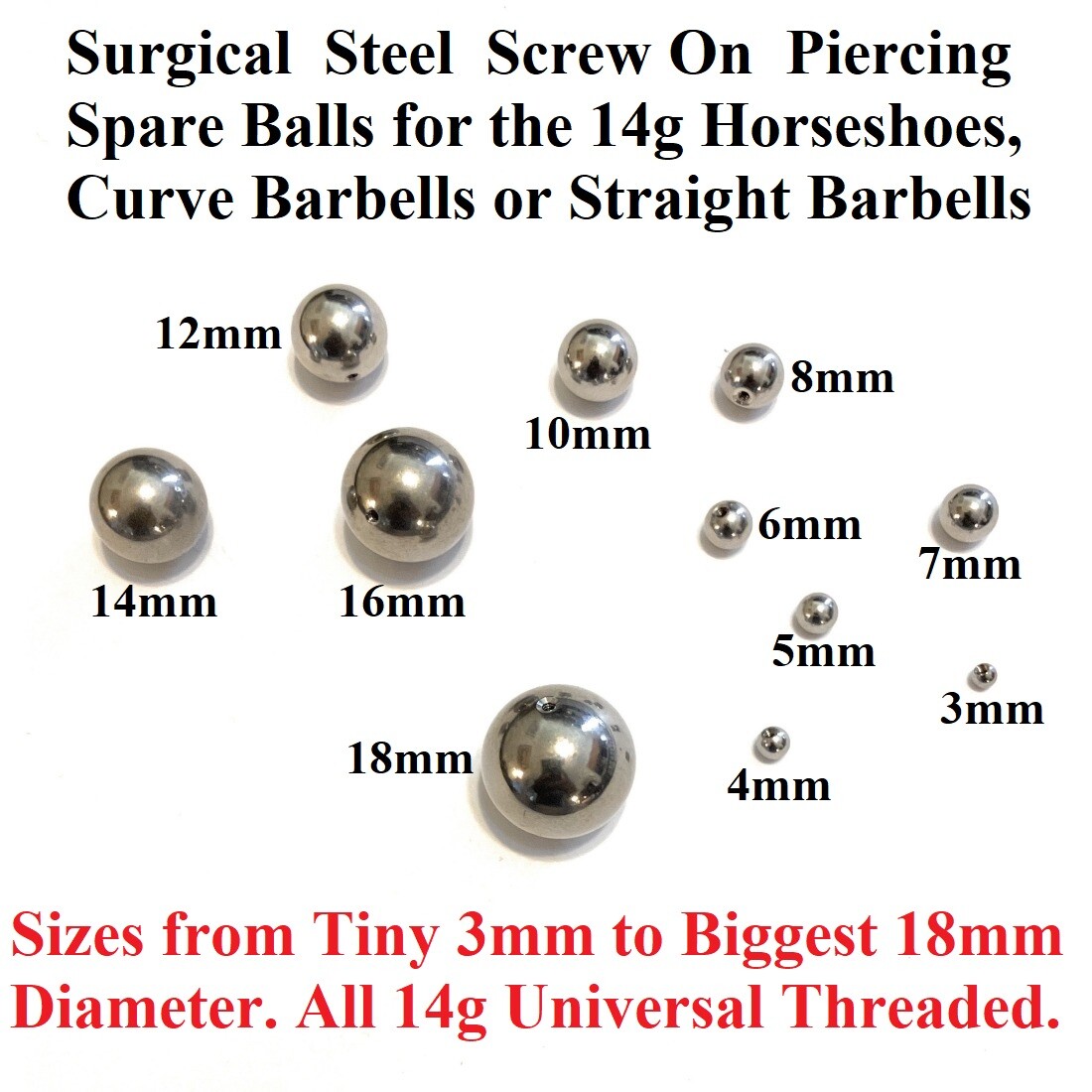 Surgical Steel 3 4 5 6 7 8 10 12 14 16 & 18mm SCREW ON SPARE BALLS 14g Threads.