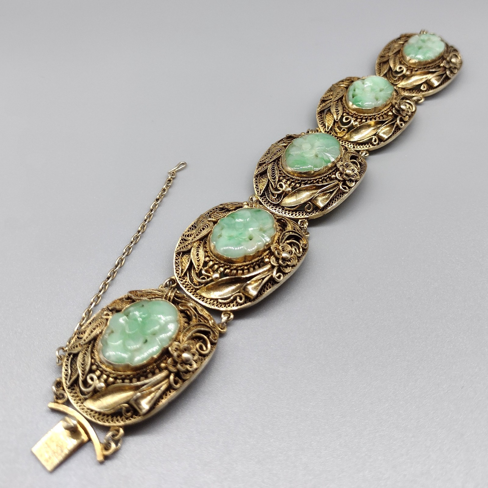 Chinese Export Carved Jade Gilt Silver Filigree Bracelet Vintage Antique Jewelry