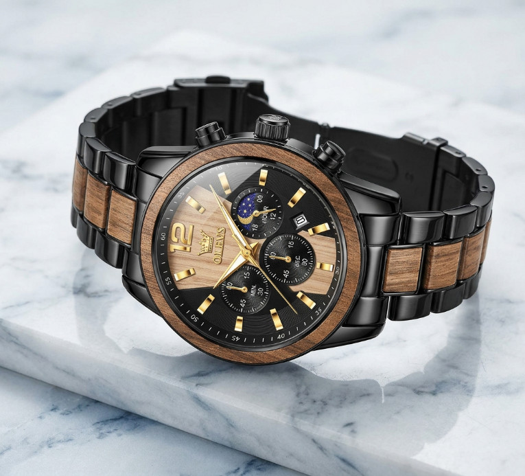 Men Watch Chronograph Quartz Wristwatch Zebra Wood Grain Trim Black 2 Tone Strap