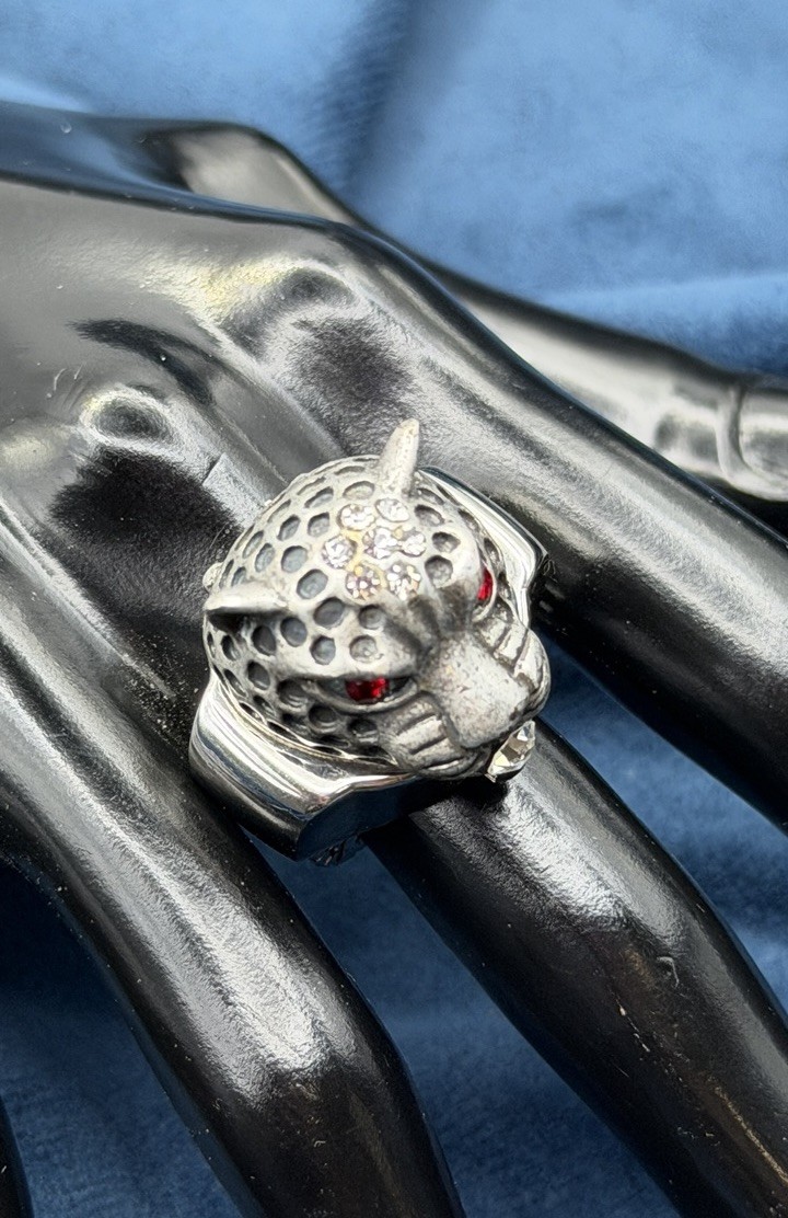 Strada Panther Ring Watch Grey Rhinestones Face Adjustable Hidden Silver Tone