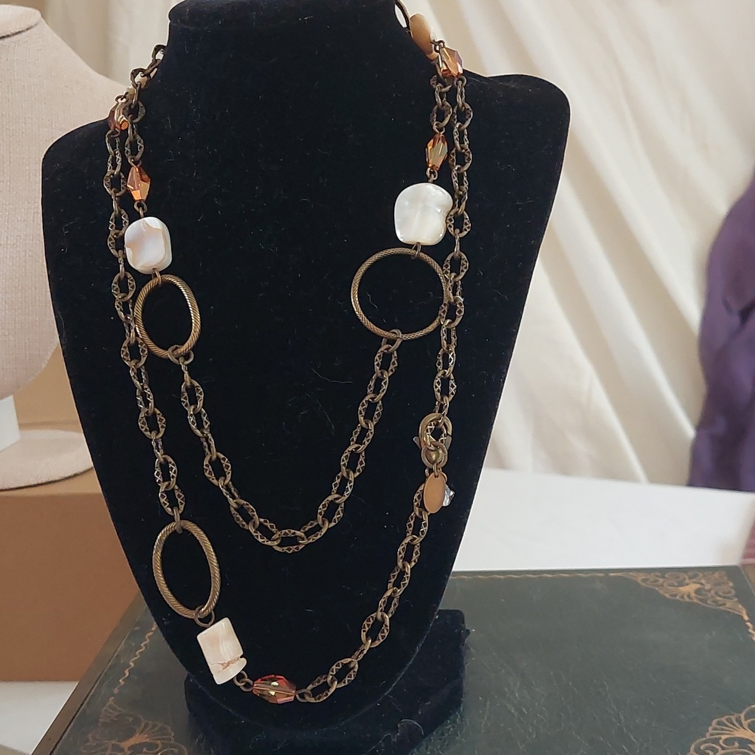 LIZ PALACIOS Vintage Antique bronzed,Swarovski Crystal and Abalone Necklace 22″