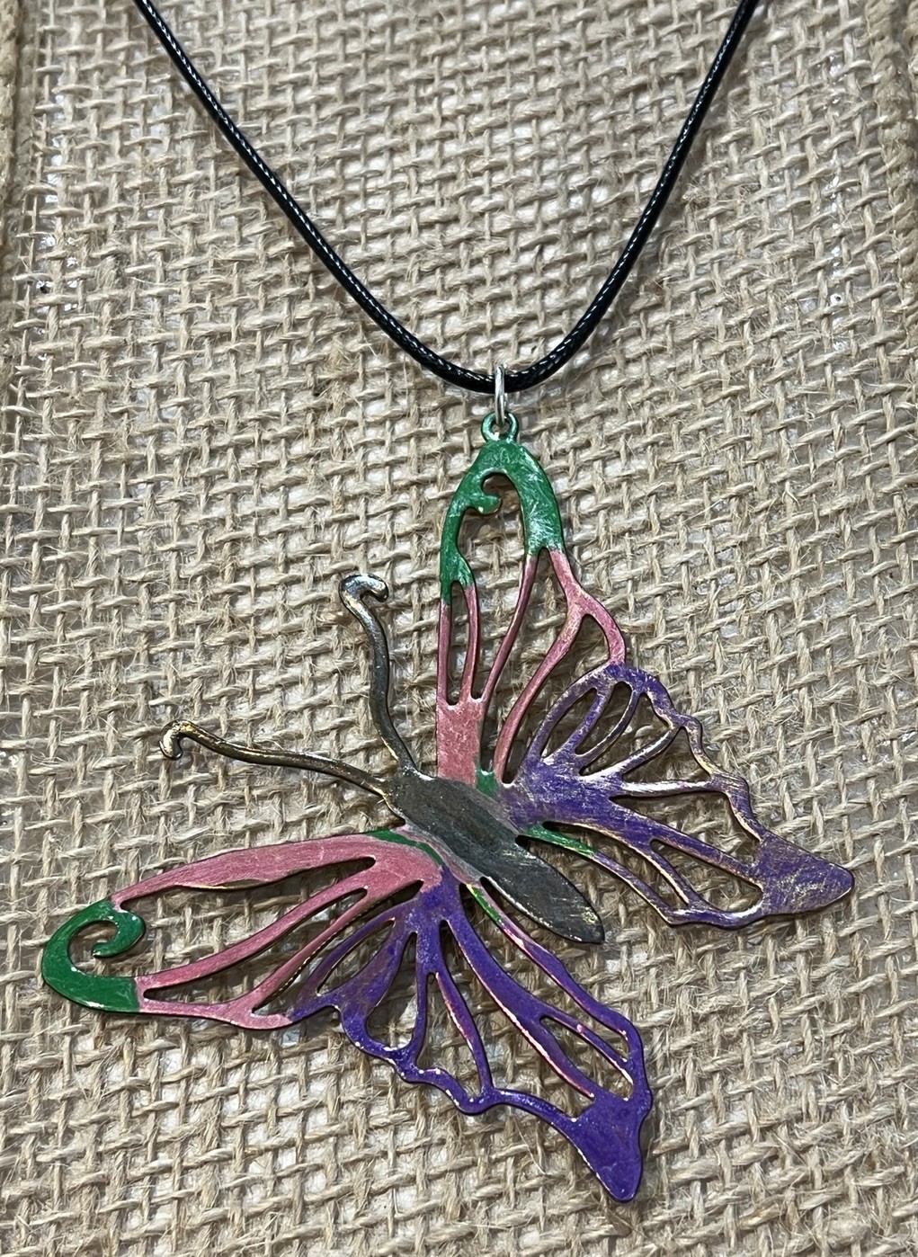 Hand-painted Large Brass Butterfly Pendant Necklace Multicolor Fairycore
