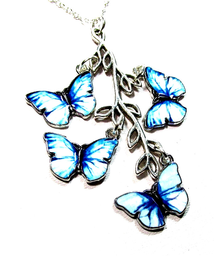 Silver Tone Blue & White Butterflies On Branch 18″ Necklace -NWOT (#3133)