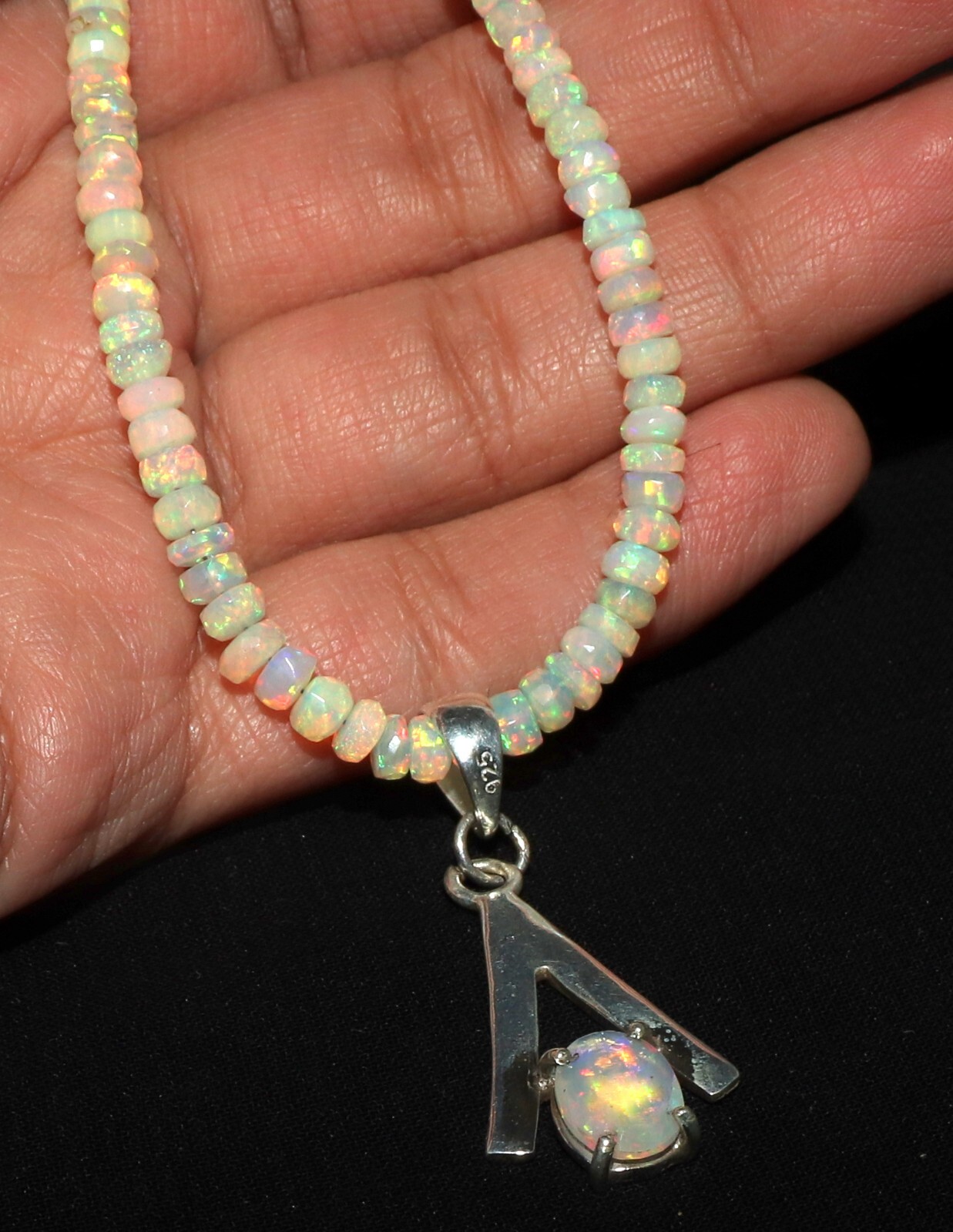Natural Ethiopian faceted opal pendant with silver white opal necklace 3 to 6 mm