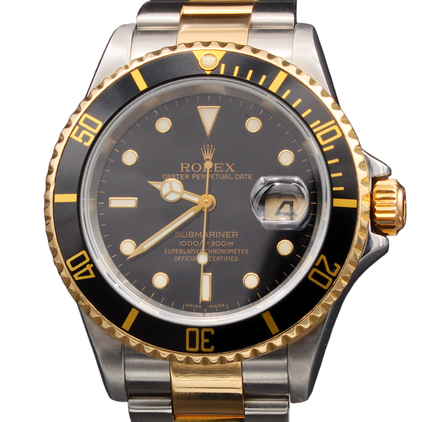 Mens Rolex 2Tone Submariner Watch Mid 2000s with Black Dial & Bezel 16613T