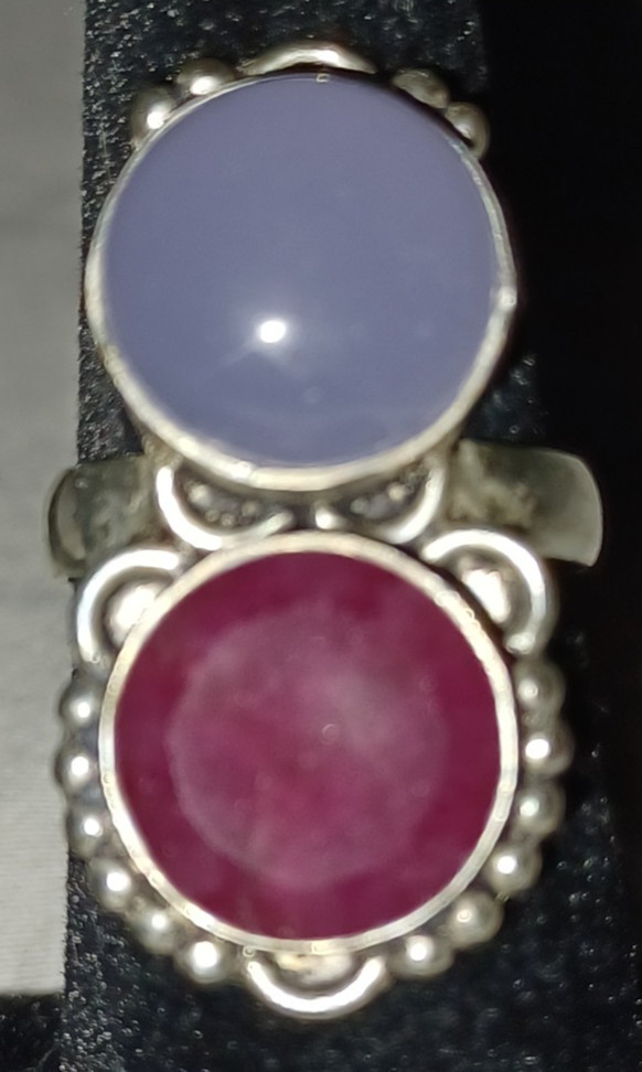 lavender and dark pink cabochon silver ring approx size 5