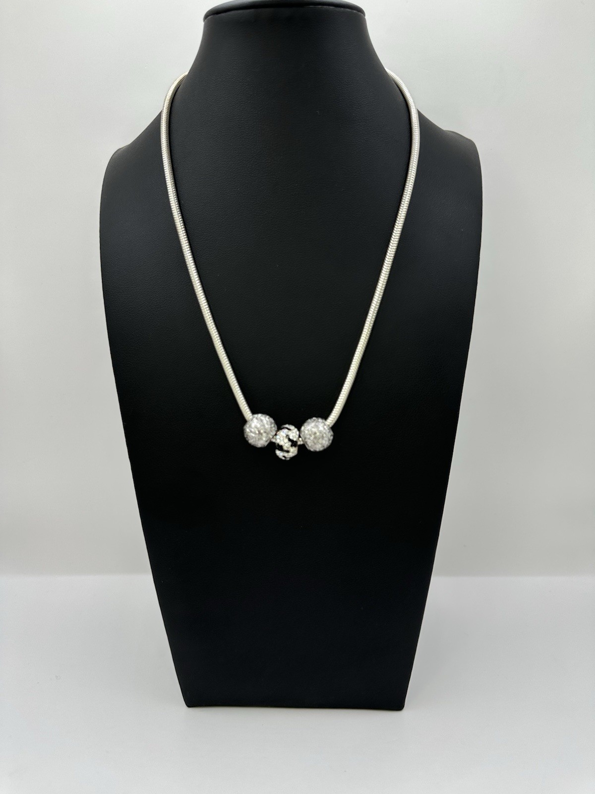 Sterling Silver 925 Snake Chain with Crystal And Silver Barrel Slide Charms RCI