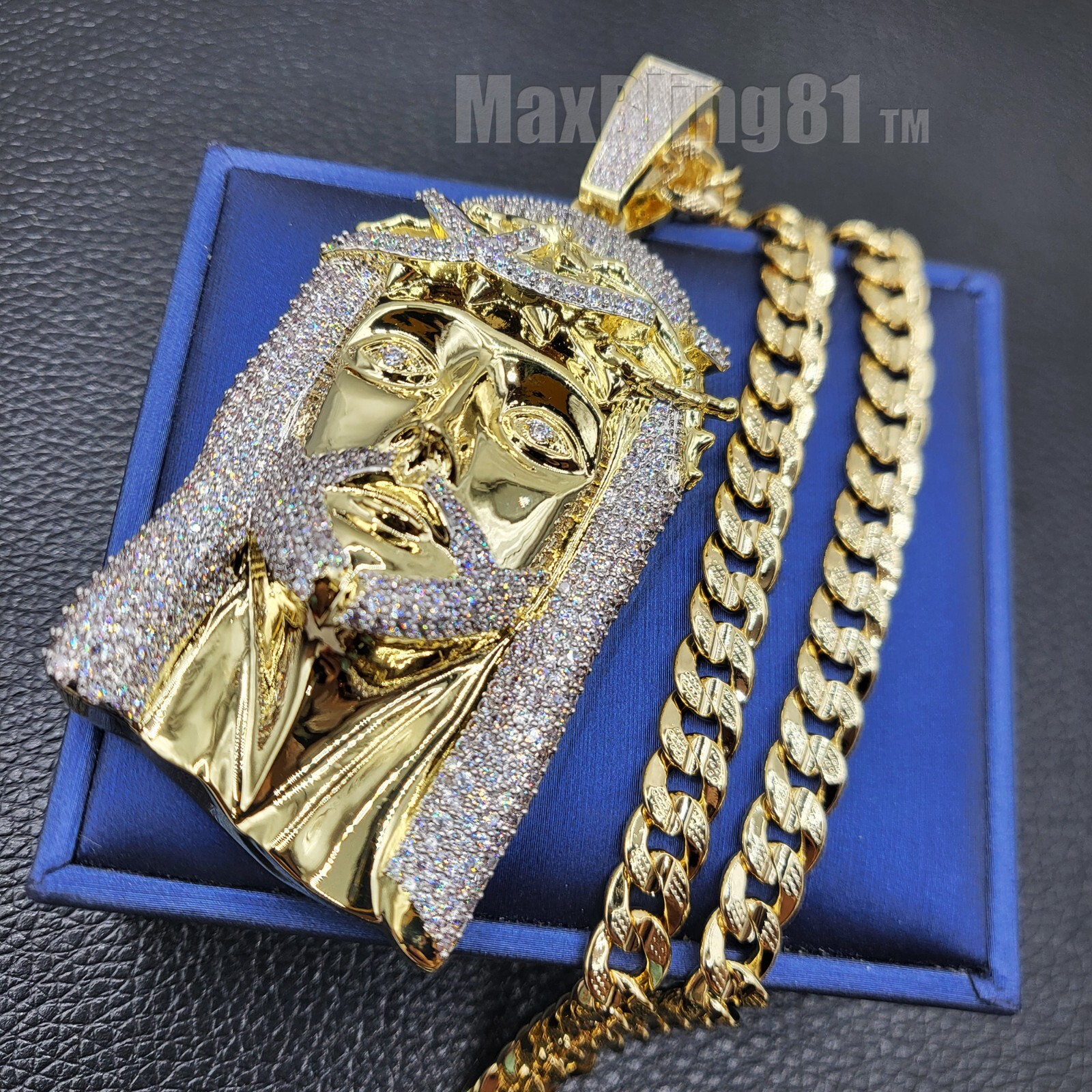 HIP HOP ICED GOLD PLATED BRASS JESUS PENDANT & 14K STAMPED CUBAN CHAIN NECKLACE