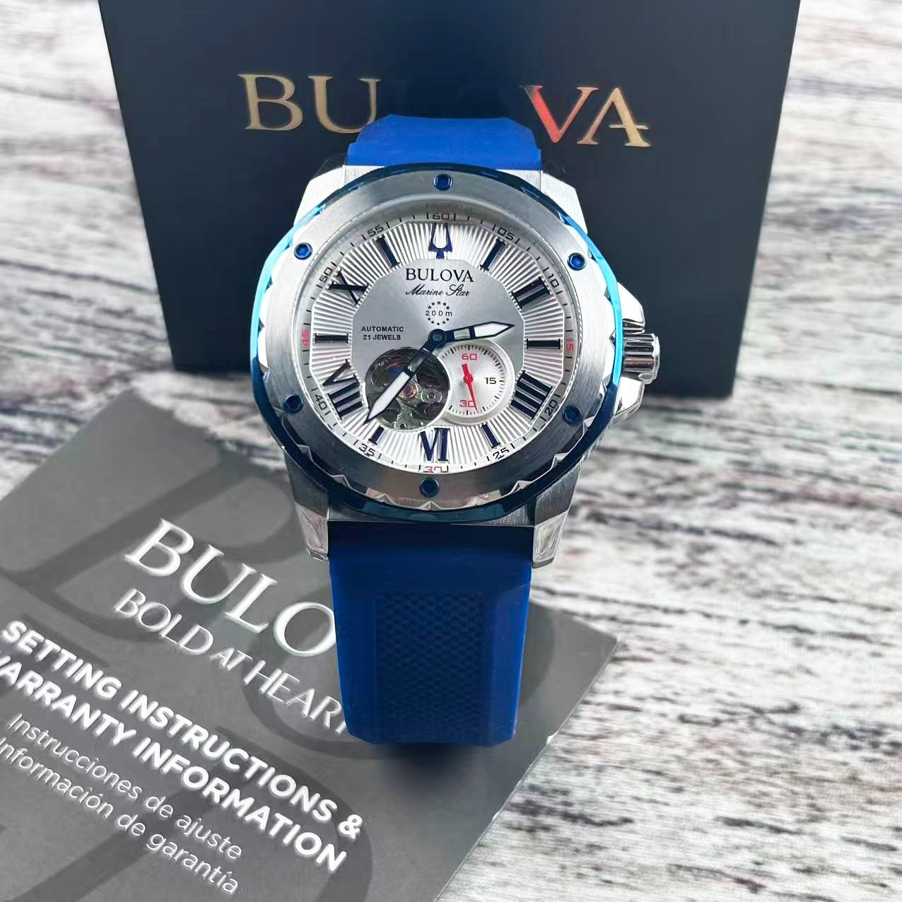 New Bulova Marine Star 98A225 Men’s Automatic Watch White Dial Blue Rubber Strap