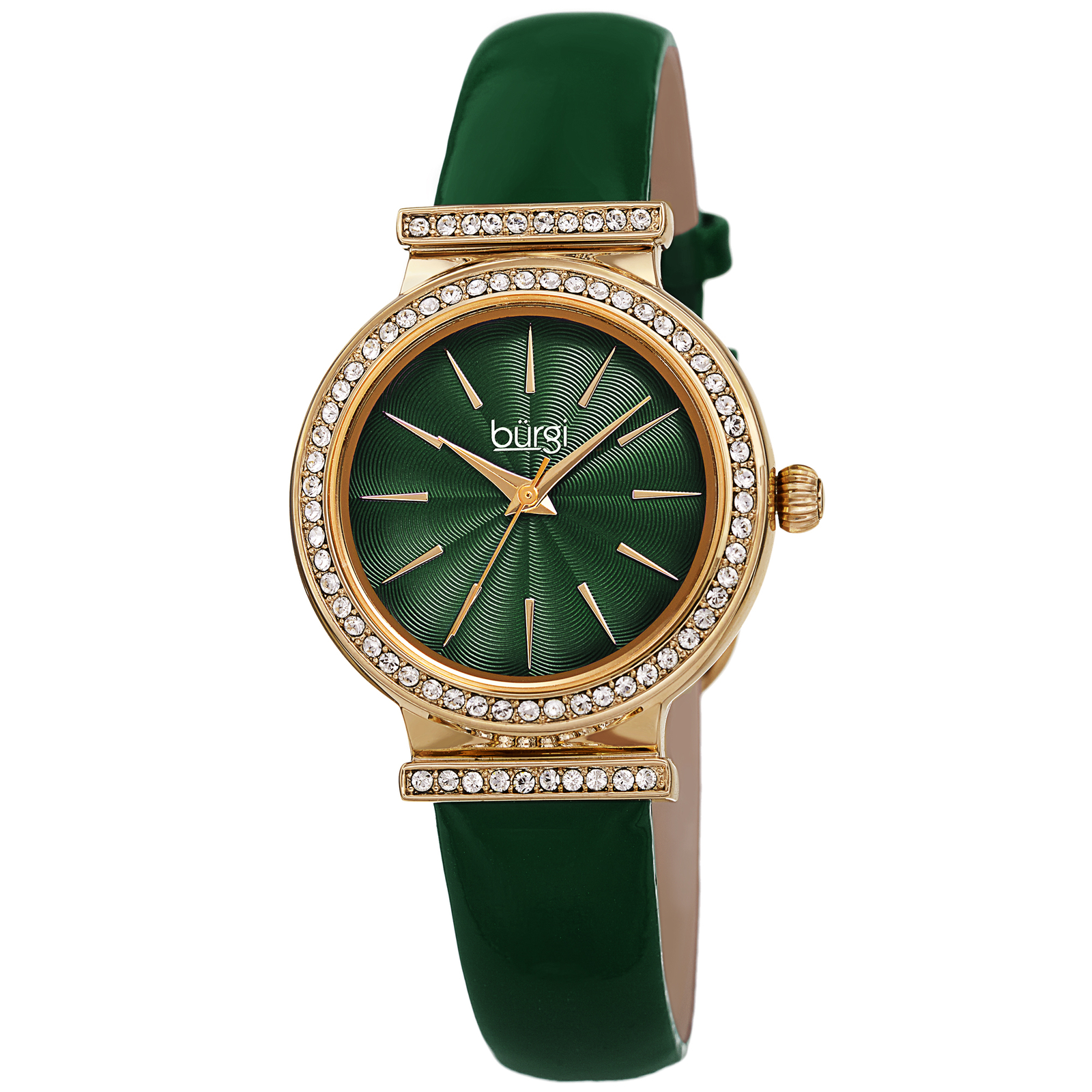 Women’s Burgi BUR230GN Green Swarovski Crystal Guilloche Leather Strap Watch