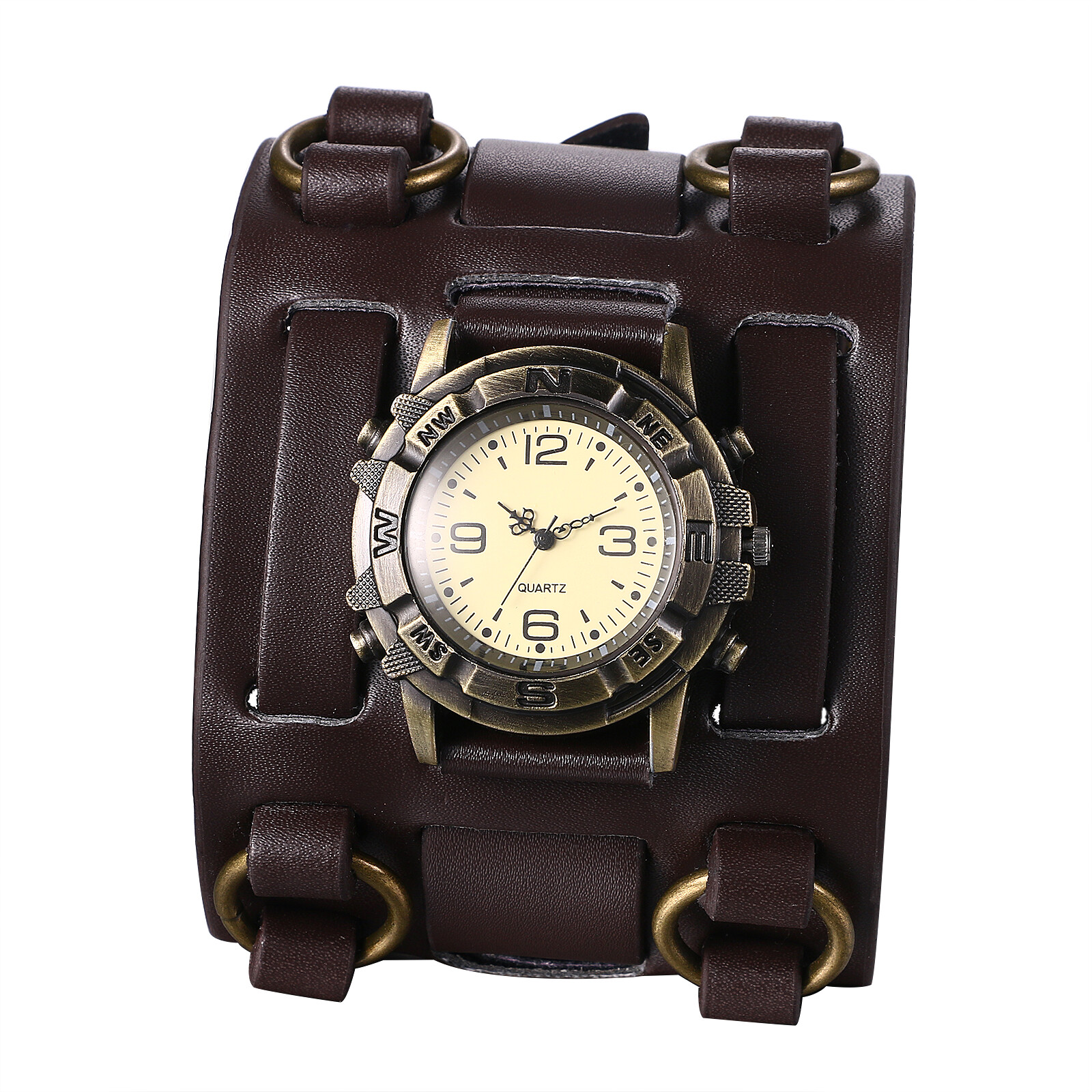 Mens Hip-hop Gothic Punk Wide Leather Watch Vintage Cuff Wristwatch Halloween