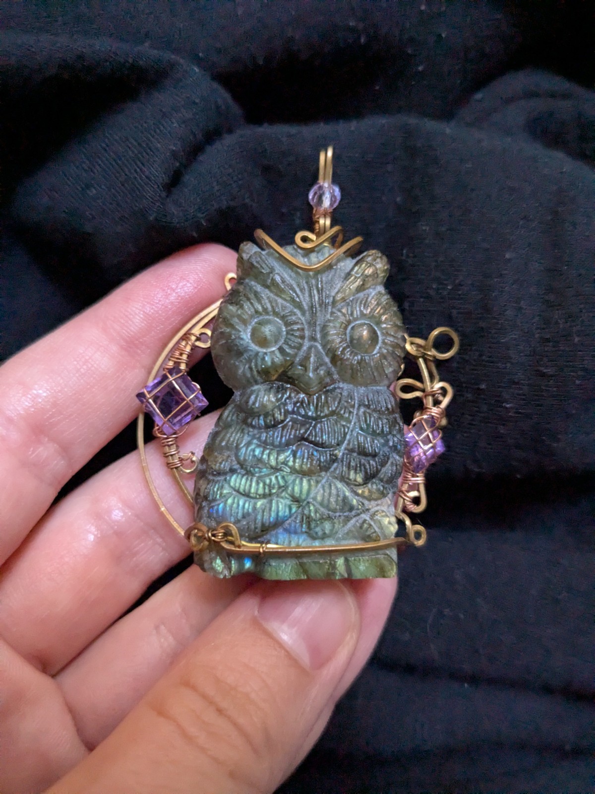Hand wrapped Labradorite Carved Owl Amethyst Wire Brass Copper