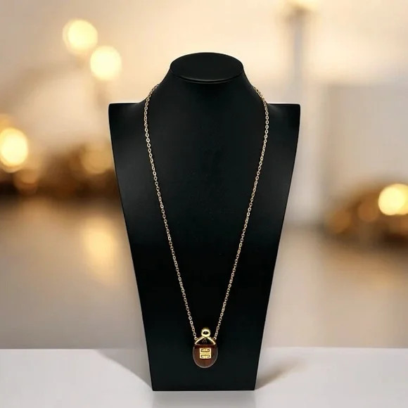 Vintage Givenchy 1977 Perfume Pendant Monogram Logo Tortoise Shell Stone 28″