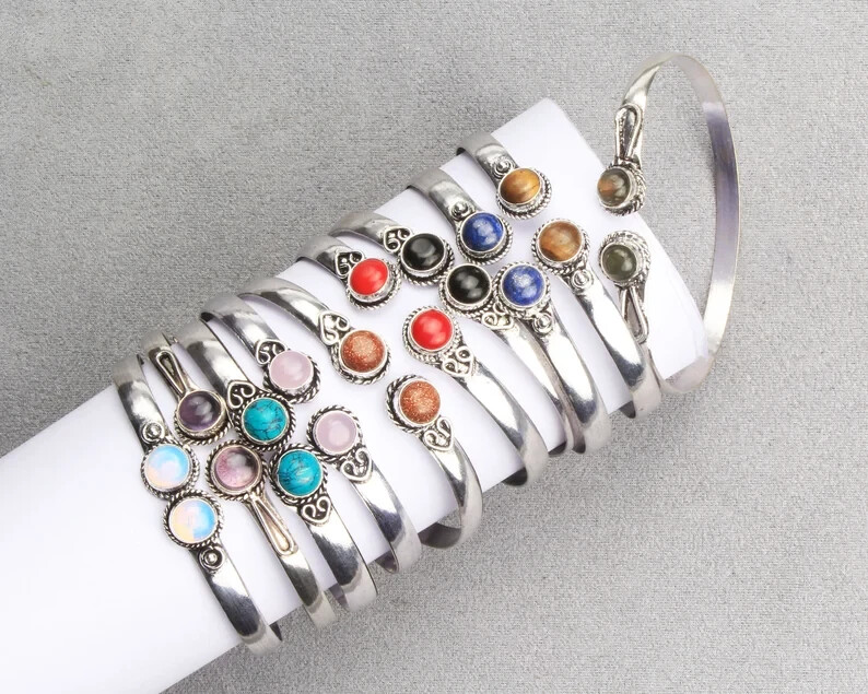 Assorted Crystal Bangle,925 Silver Cuff Bracelet 10Pcs Lot,Handmade Cuff Bangle~
