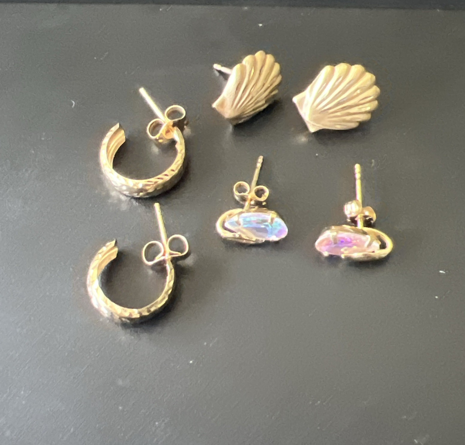 3 Pairs 14K Yellow Gold Dainty Earrings Lot Seashell Etched Hoops & AB Crystal