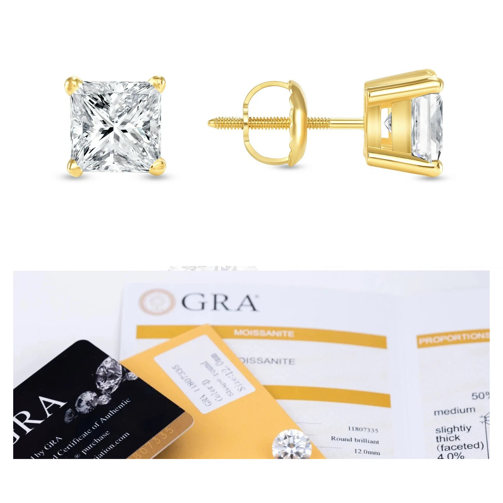 GENUINE MOISSANITE Square Princess Stud Earrings Unisex 14k Gold – BRAND NEW