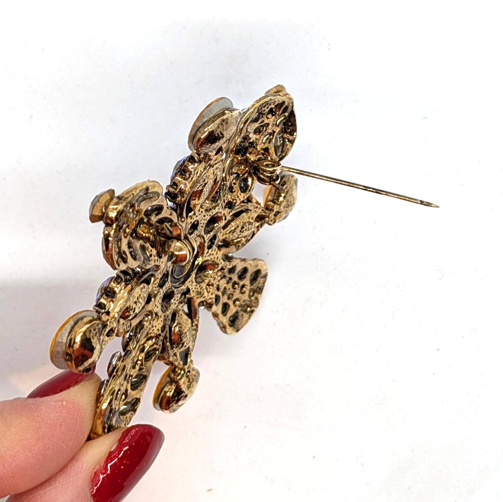 Vintage Floral Flower Rhinestone Brooch Pin Orange Brown Iridescent 2.75″ Autumn