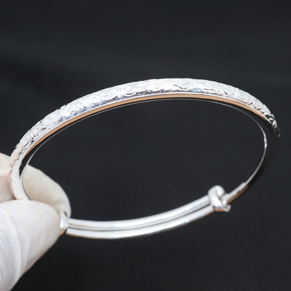 Pure S999 Fine Silver 999 Bangle 4mm Carved Clouds Bracelet 25-26g ID:58-60mm