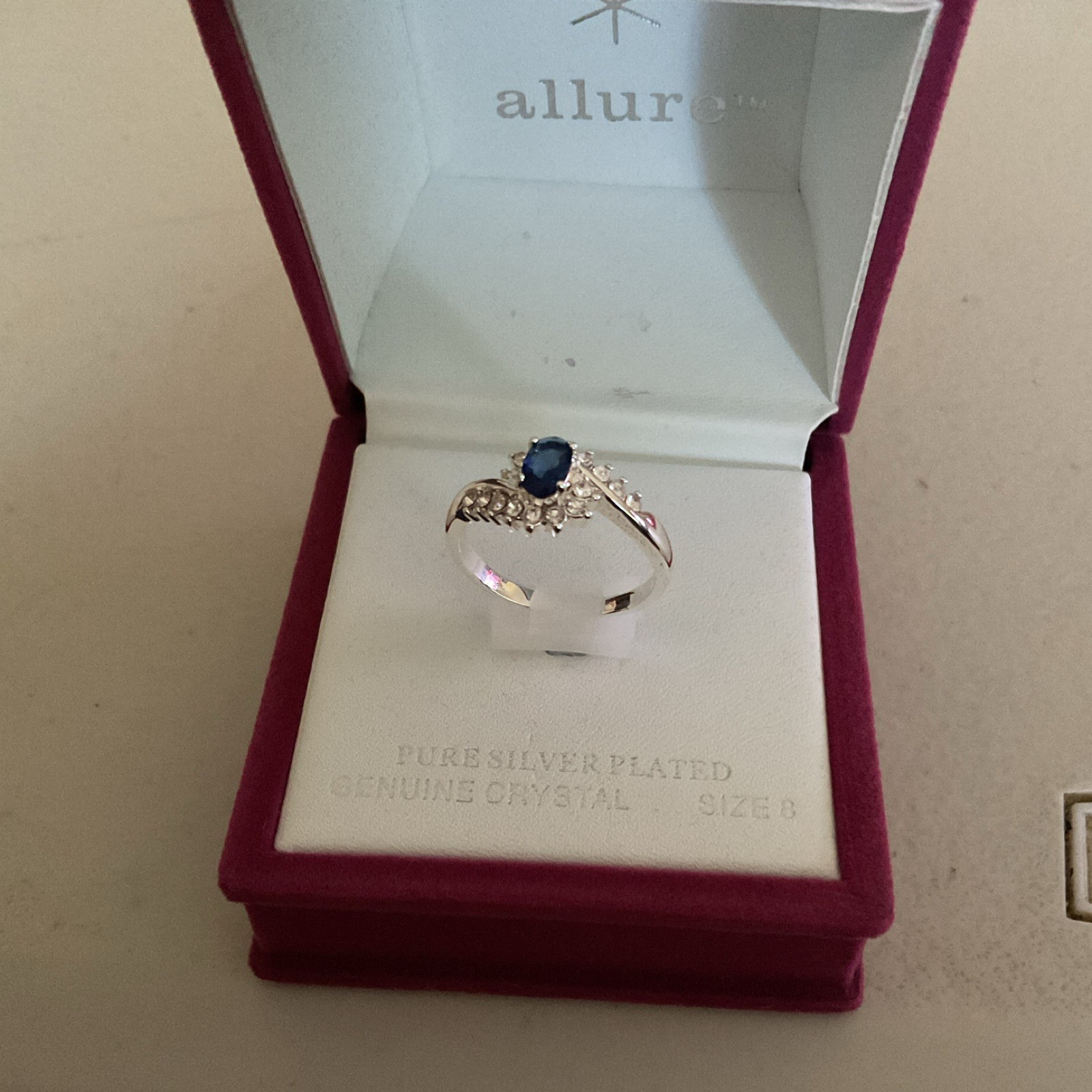 Allure Silver Plated Cocktail Ring Blue Oval Crystal Prong Set Size 8