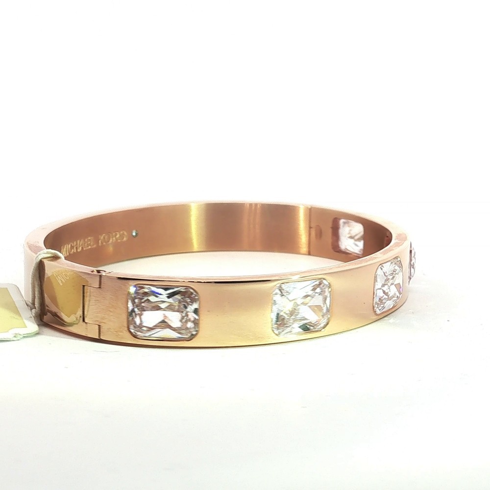 NWT Michael Kors Rose Gold Tone Crystal Bangle Bracelet Hinged MK Logo Gift