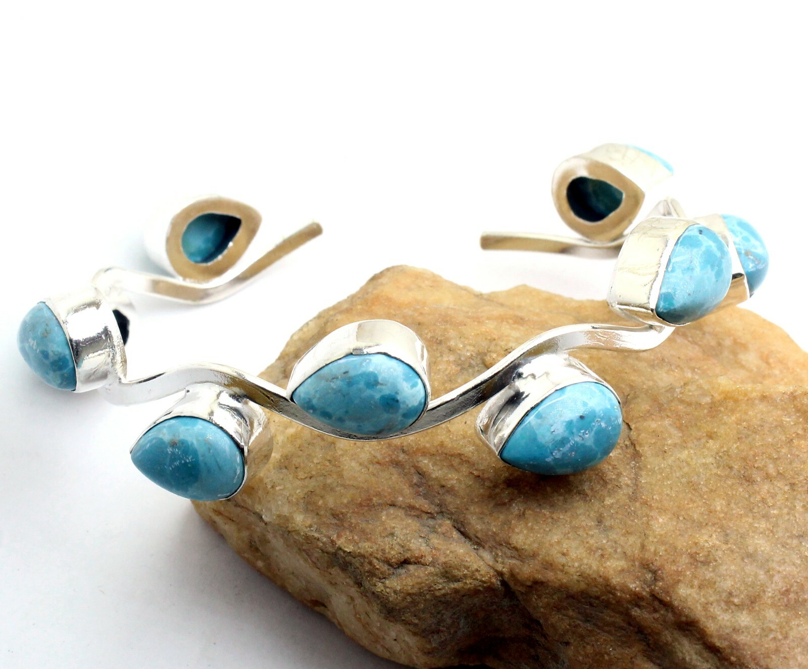 925 Sterling Silver Caribbean Larimar Gemstone Handmade Jewelry Bangle Sz 7-8