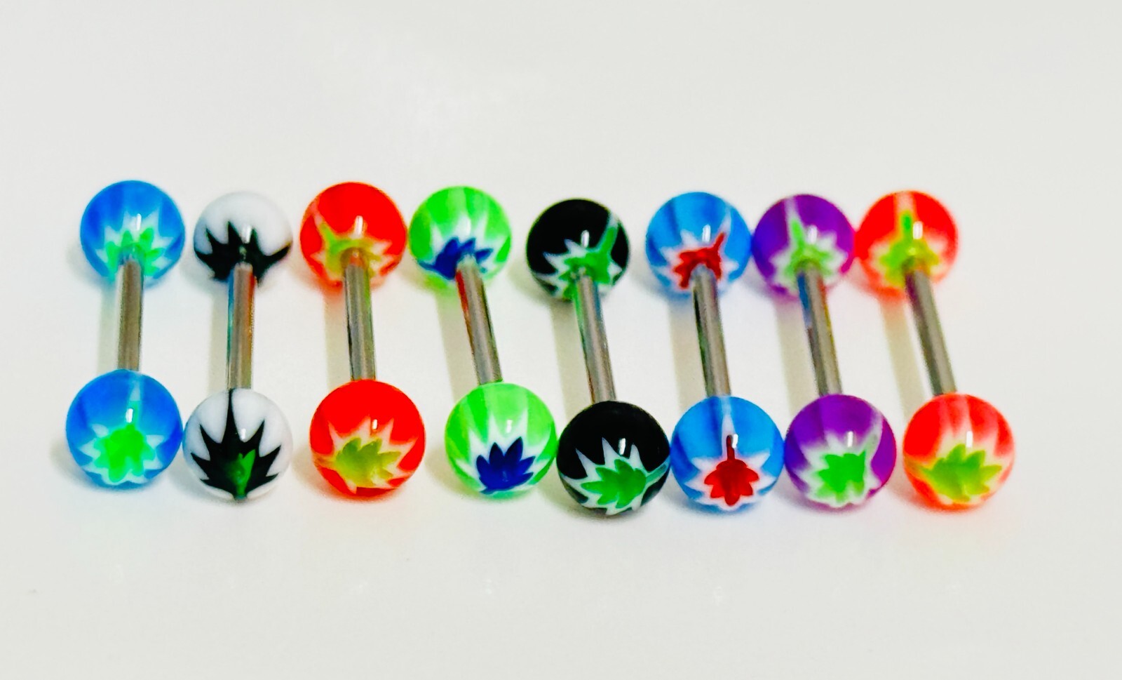 8 Pc Pot Leaf Inlay Acrylic Ball 14g 5/8″ Barbell Nipples Tongue Rings