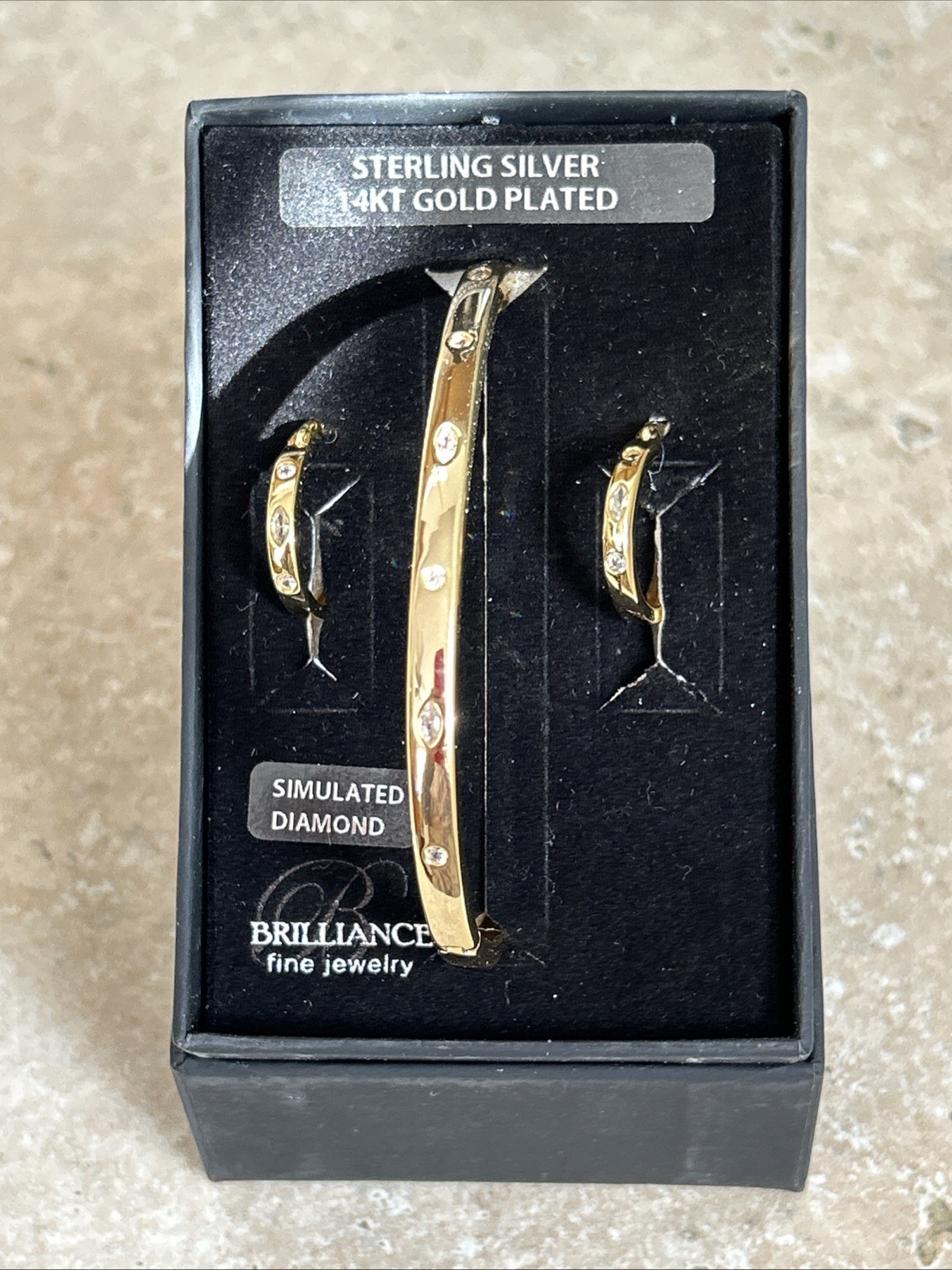 Brilliance Fine Jewelry 14K Gold Plated Sterling Silver Bangle & Earring Set NIB