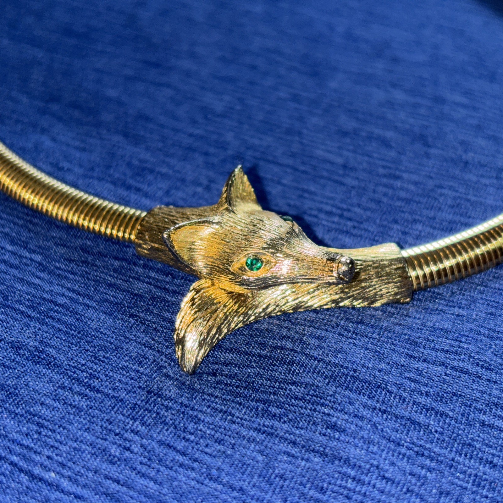 Vintage Gold Tone Rinestone Eye Fox Choker (Exc Cond) Green Eyes