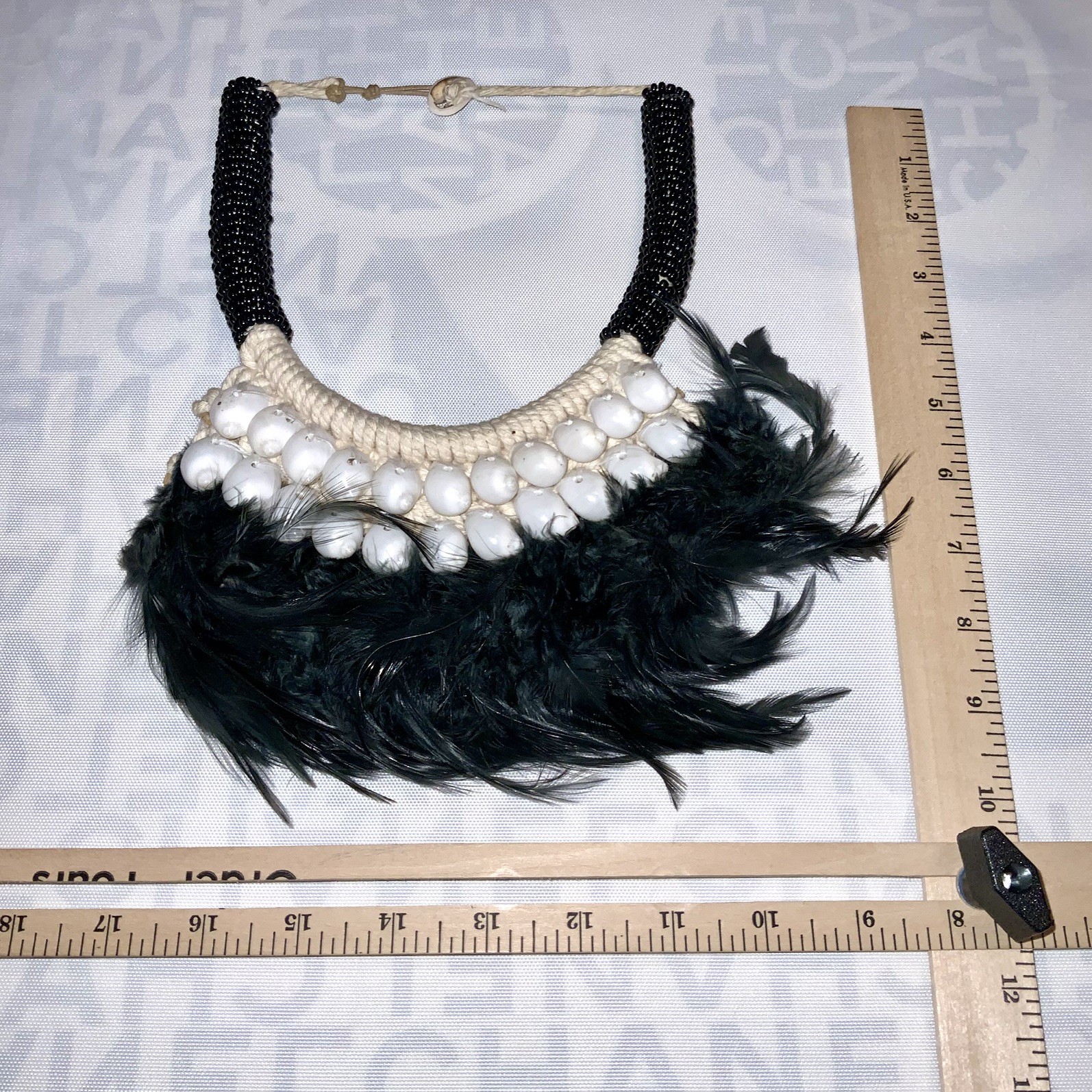 Papua New Guinea Feathered Cowrie Shell Necklace Tribal Band hand weaved Fabric