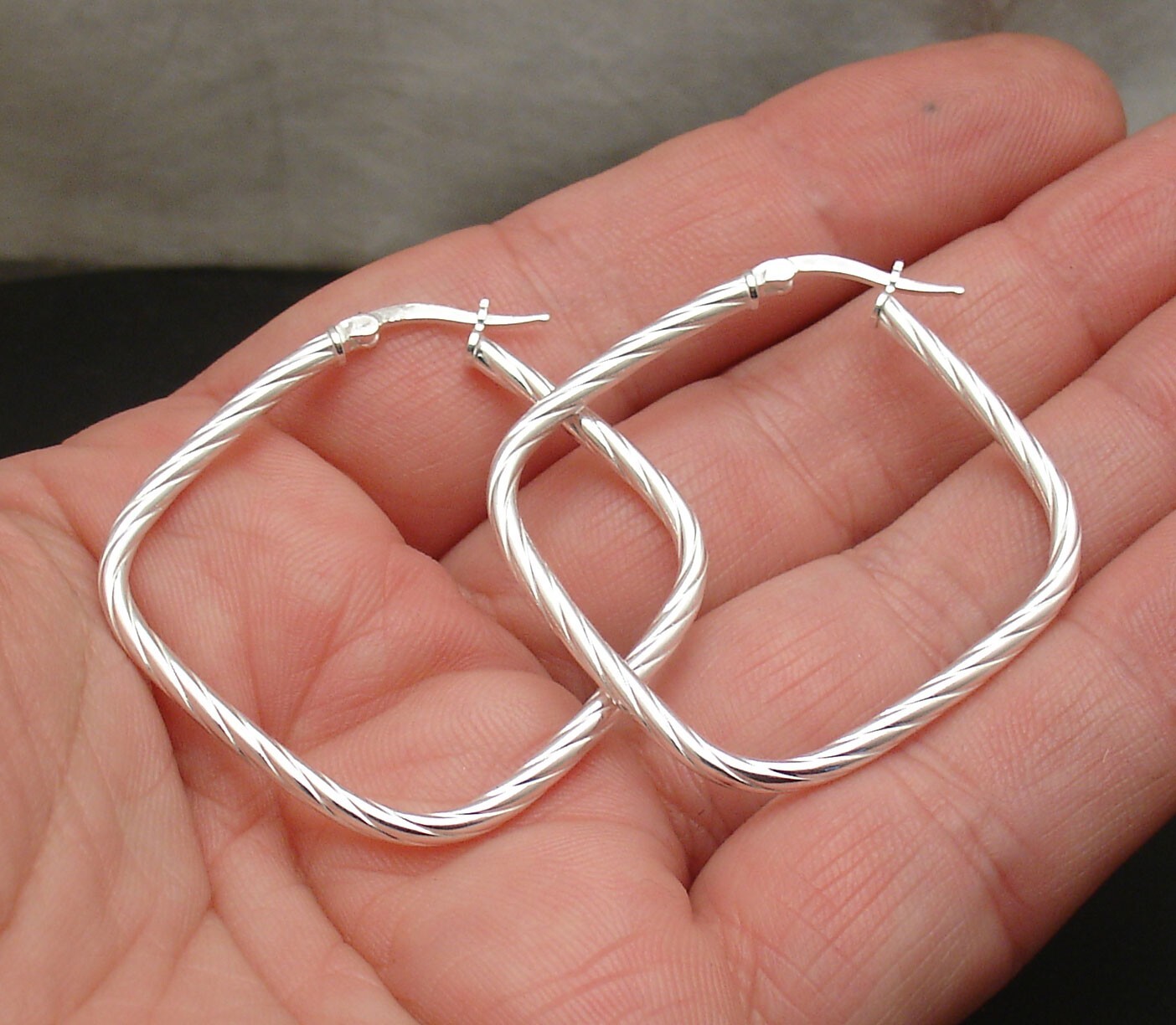 1 5/8″ Twisted Square Round Hoop Earrings Real 925 Sterling Silver