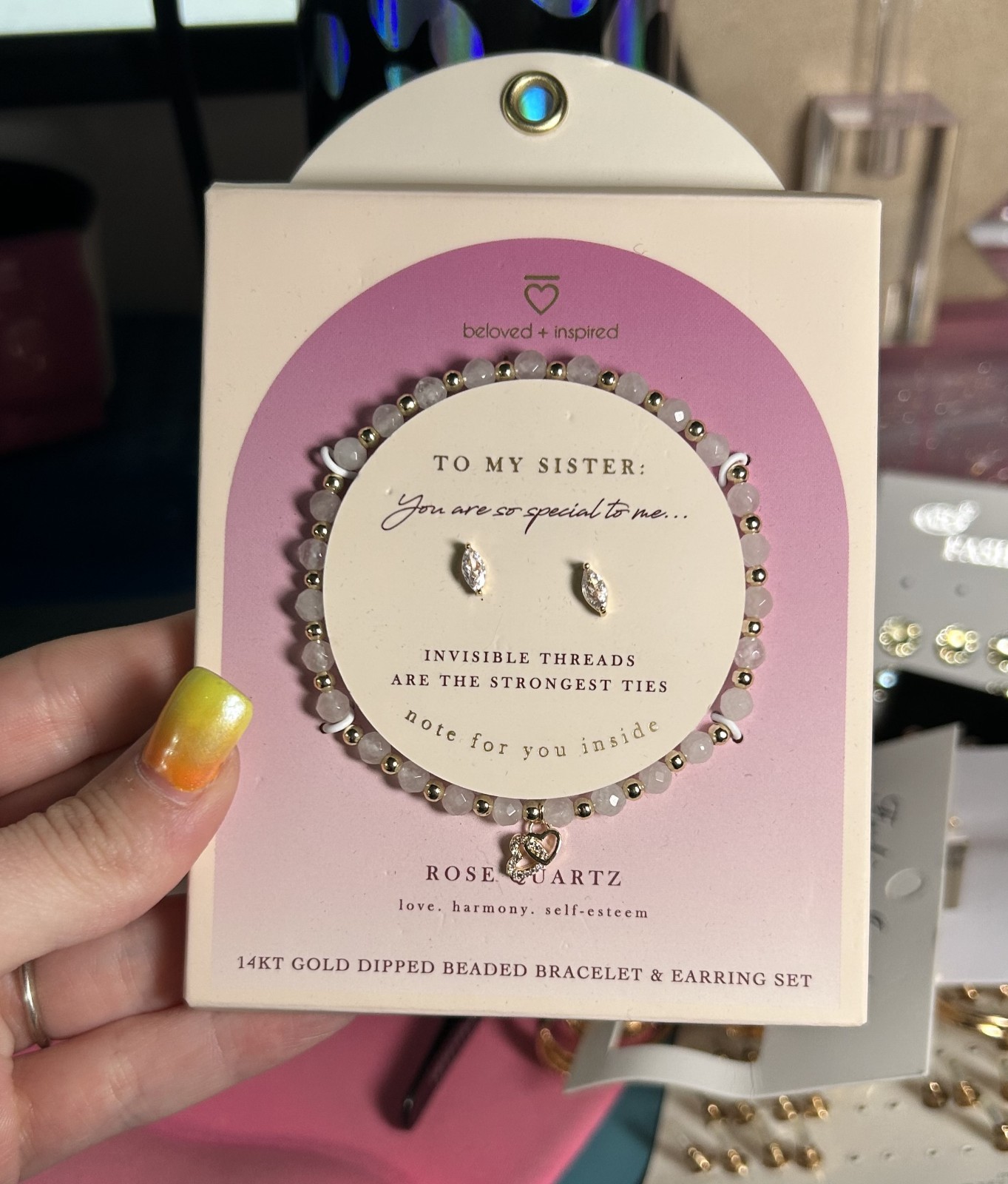 Beloved Inspired To My Sister Rose Quartz 14K Gold Dipped Bracelet Earring Set