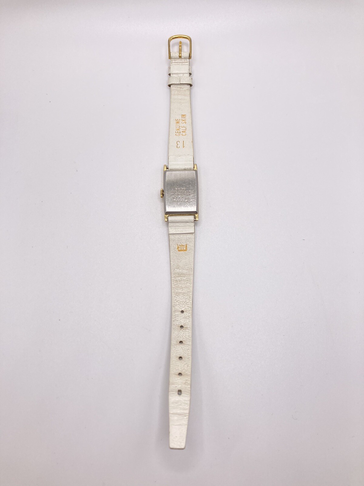 Vintage Seiko 5370R Ladies Gold Tone Bezel White Leather Calf Skin Strap Watch