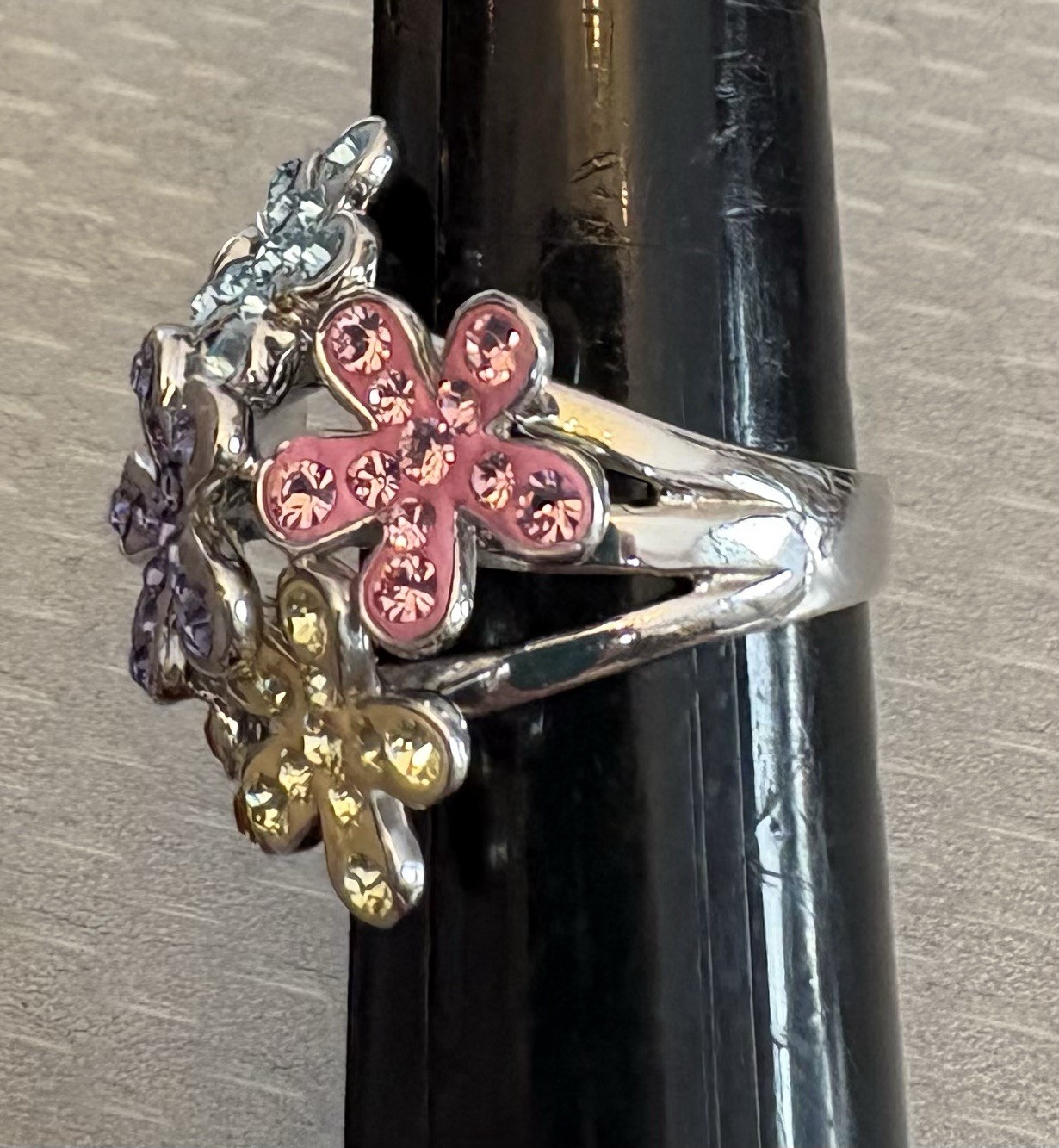Dramatic Sterling Silver Multi Color Gem Enamel Flower Bouquet Ring 925 size 9.5