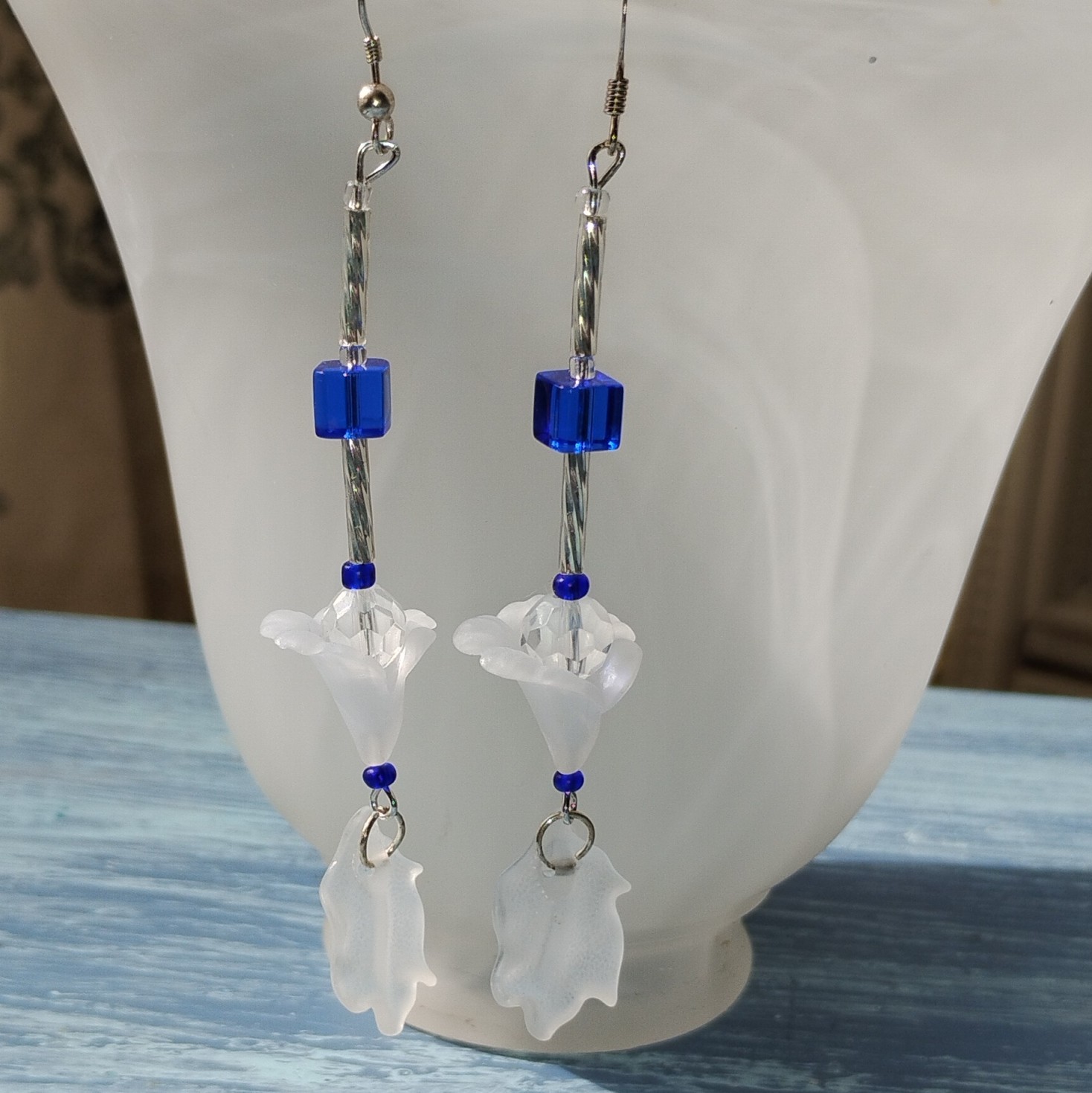 Handcrafted Glass Beaded Dangle Earrings Blue White Silver Hook Flower Nature