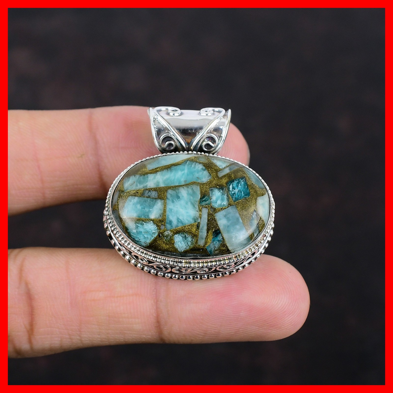 Copper Amazonite Stone Bezel New Vintage Wedding Boho Pendant Jewelry 925 Silver