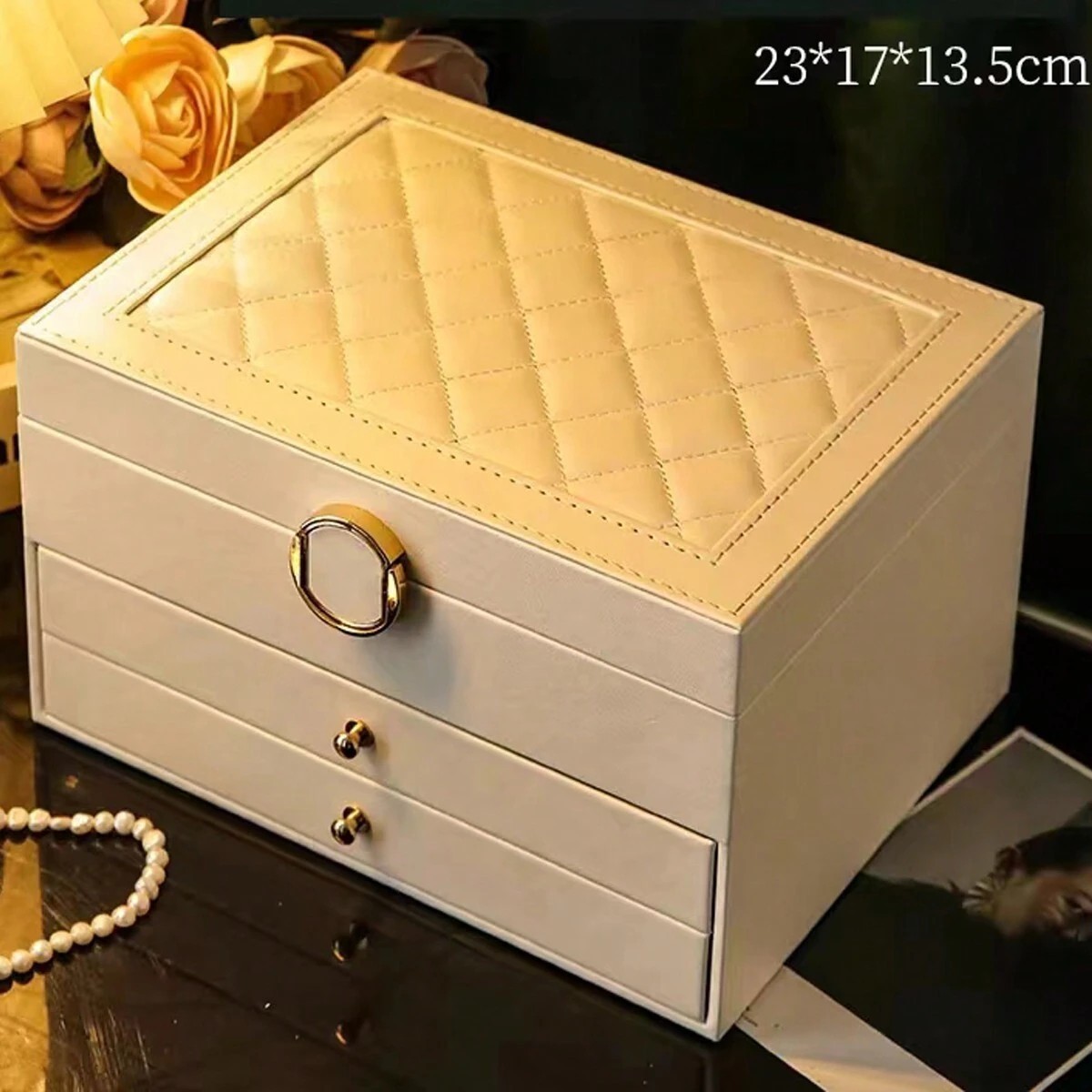 3-Layer PU Leather Jewelry Box with Lock for Rings Watches Necklaces