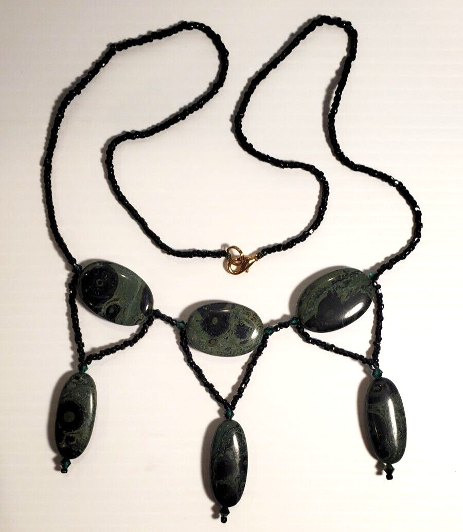 Black & Deep Green Natural Forest Jasper Stone 27″ Length Festoon Necklace OOAK
