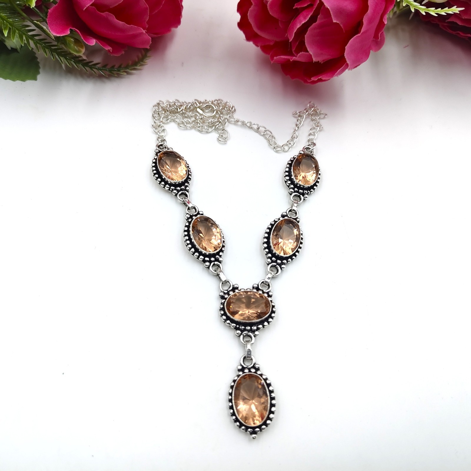 Peach Morganite Gemstone Handmade 925 Sterling Silver Jewelry Necklace Sz-17-18″