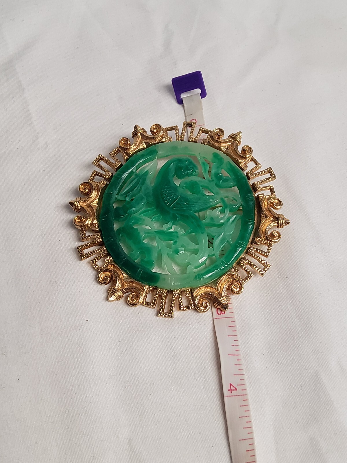 ANTIQUE RARE VENDOME EARLY 1960’s HUGE ASIAN FAUX JADE PHOENIX BROOCH PIN 3″